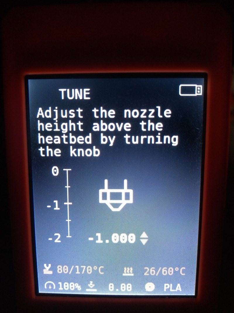 A screenshot of the Prusa Mini Firmware. The screen on which the Z offset can be adjusted during an ongoing print is shown.