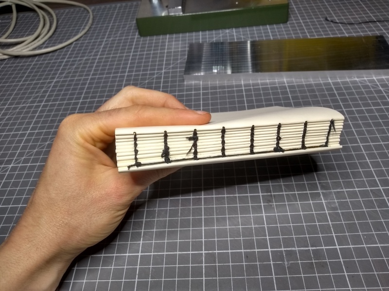 The text block, fully sewn, shown from the spine.