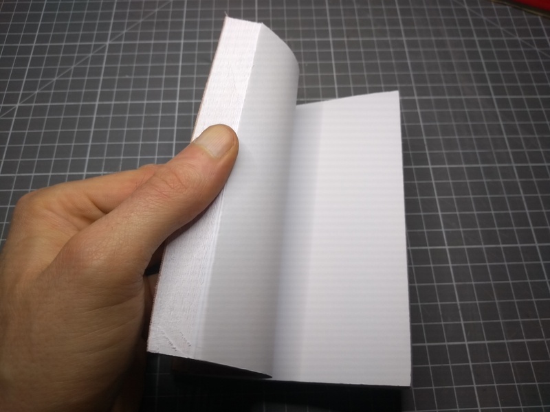 The same notebook, a left hand holding it open. The end of the paper stack is clearly rough, where it was cut.